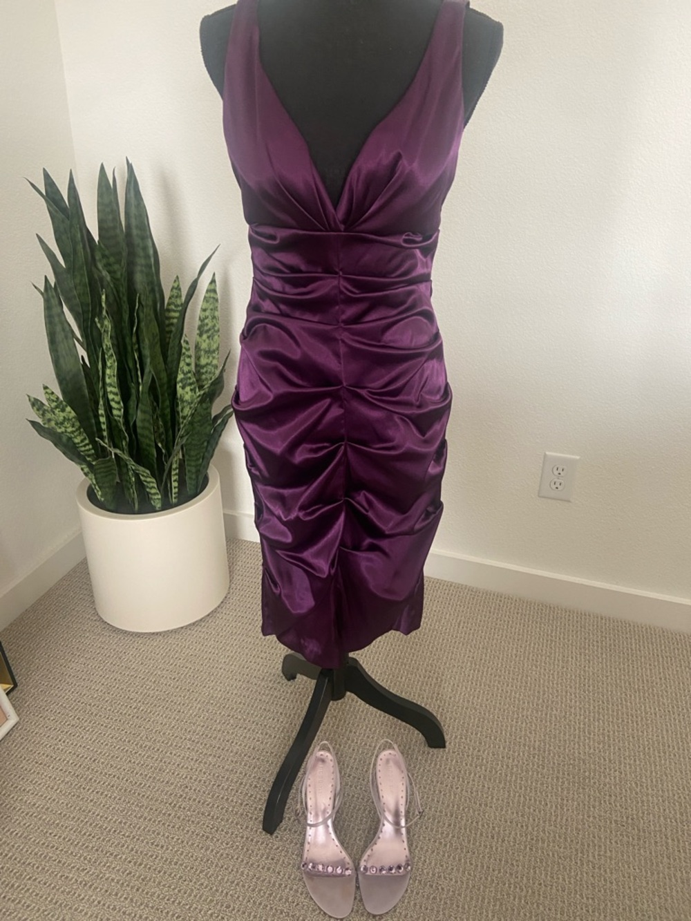 Plum Satin Ruched V-Neck Midi Dress